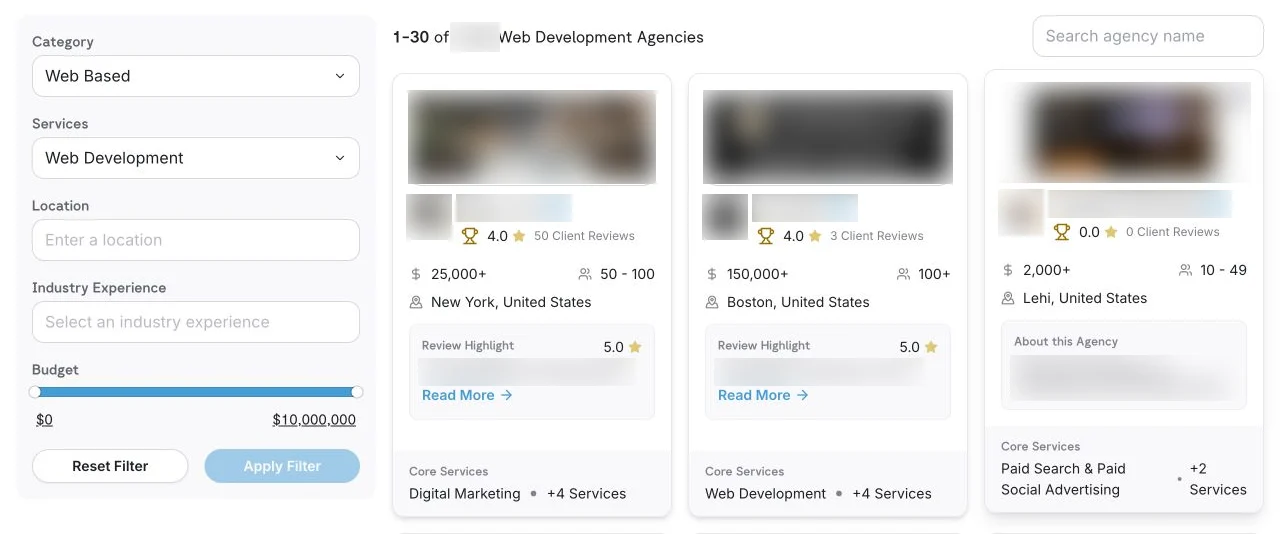 Desktop agency discovery page with category, service, location, industry, and budget filters beside agency result cards.
