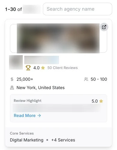 Mobile agency discovery page with agency-name search above a result card.